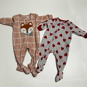 Girls 6m Carters Pajamas Fleece Pink Fox Gray Red Hearts Footed Baby Sleepwear